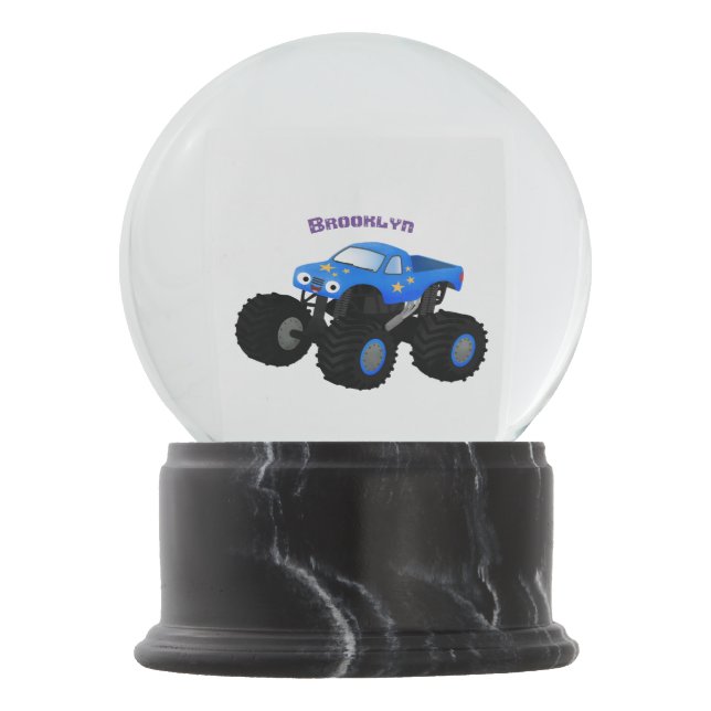 Niedliches blaues Monster-LKW-Cartoon Schneekugel (Vorderseite)