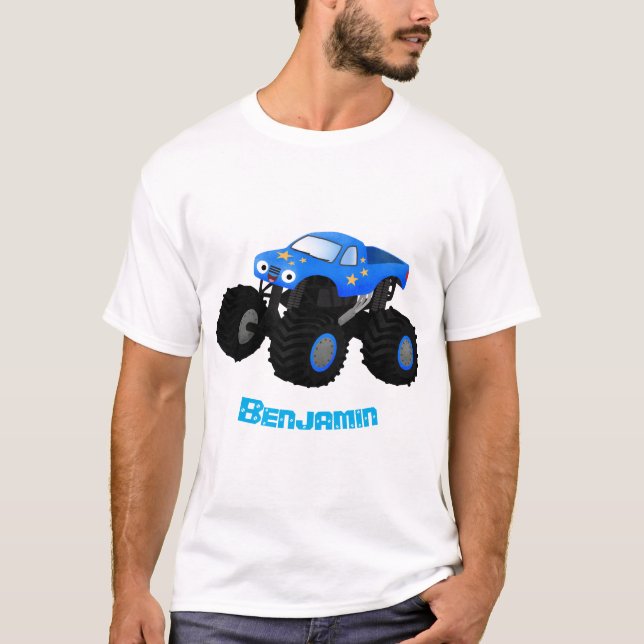 Niedliches blaues Monster-LKW-Cartoon T-Shirt (Vorderseite)