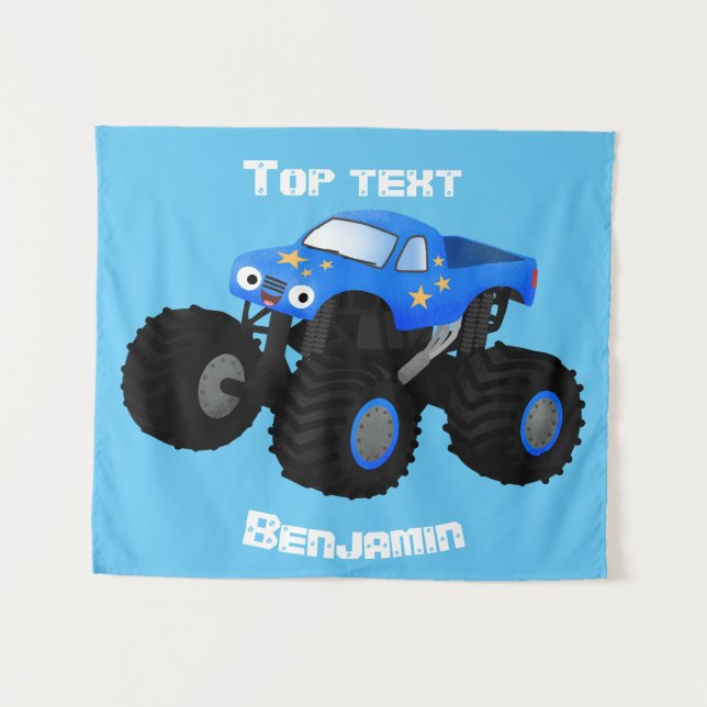 Niedliches blaues Monster-LKW-Cartoon Wandteppich (Vorderseite (Horizontal))