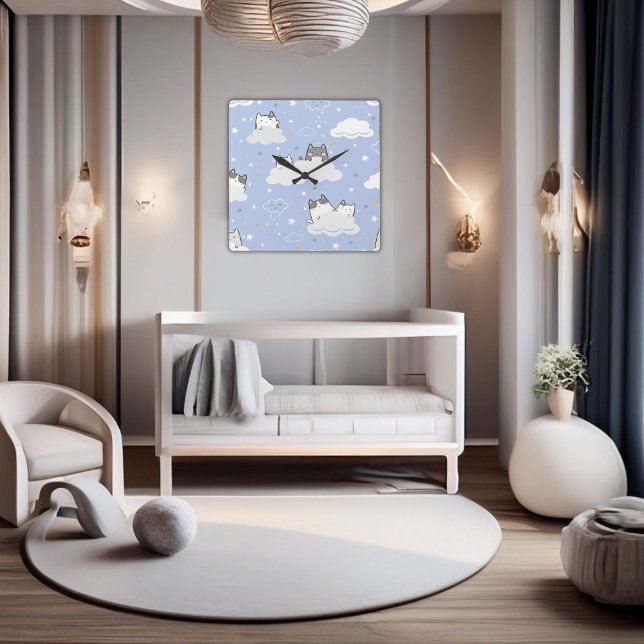 Niedliches blaues Muster Kitten Cloud Quadratische Wanduhr (Cute Pattern Kitten Blue Square Wall Clock)