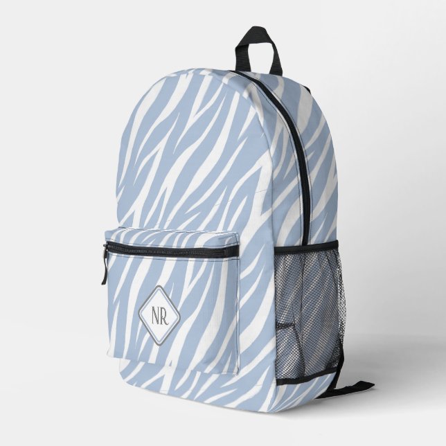 Niedliches blaues Muster Zebra Print Monogram Bedruckter Rucksack (Rückseitige Ecke Rechts)