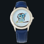Niedliches Blaues Ohr Armbanduhr<br><div class="desc">Eine stilvolle benutzerdefinierte Uhr zeigt eine süße Vektorgrafik einer Eule,  die auf einem Baumzweig auf einem Polka-Punktmuster-Hintergrund steht. Babystar Design unter mygrafico.com</div>