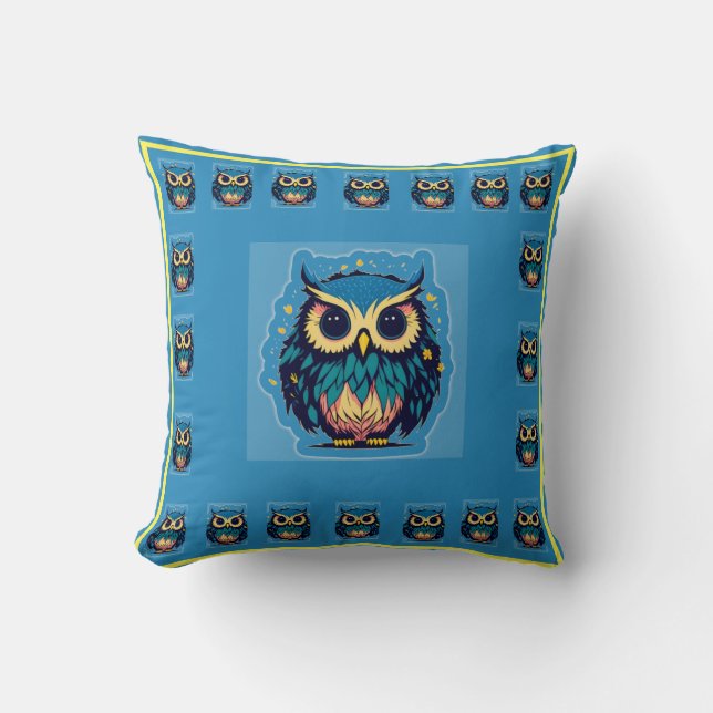 Niedliches blaues Owl Illustration Kissen (Vorderseite)