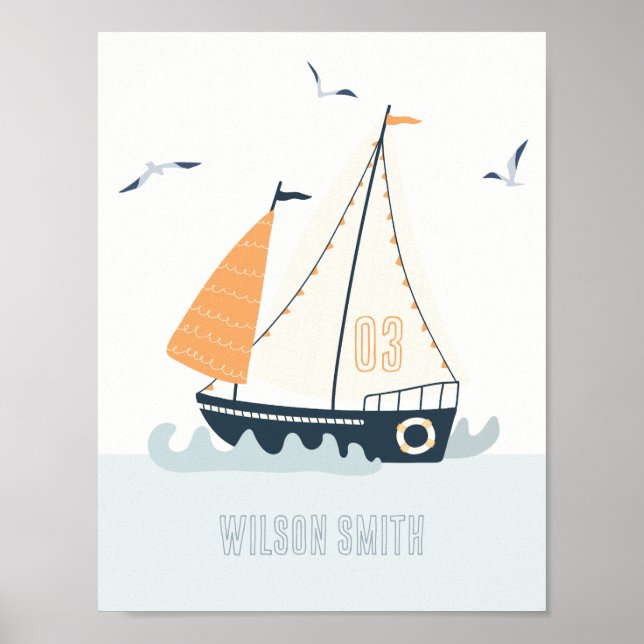 Niedliches blaues Sailboat Pastell Kinder Kinderzi Poster (Vorne)