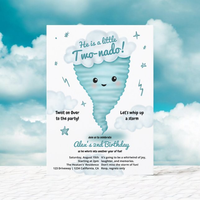 Niedliches blaues Tornado Themenwoche 2. Geburtsta Einladung (Cute blue Tornado Themed 2nd Birthday Kids party Invitation)