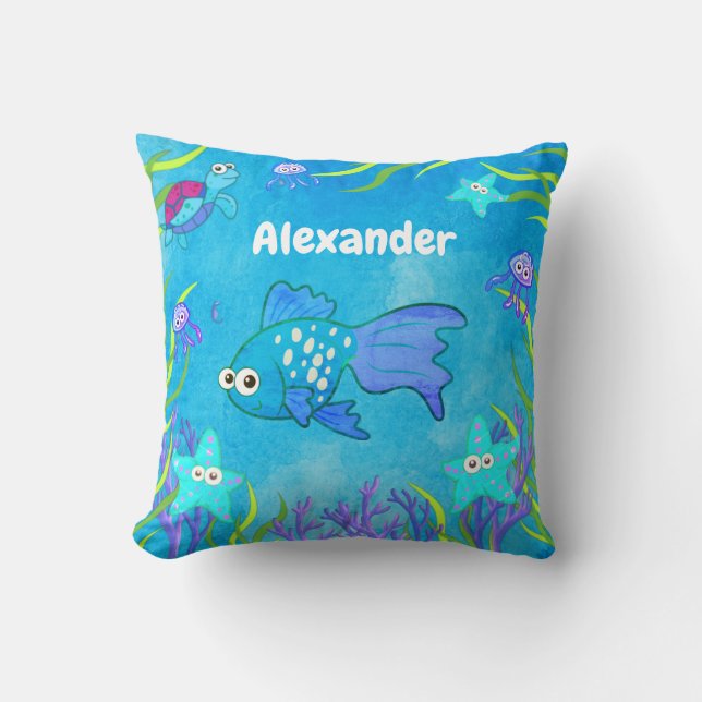 Niedliches Blaues Unterseefisch und Starfish Kissen (Vorderseite)