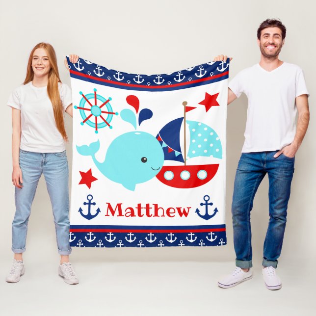 Niedliches blaues Wal- und Ankermuster Fleecedecke (Beispiel)