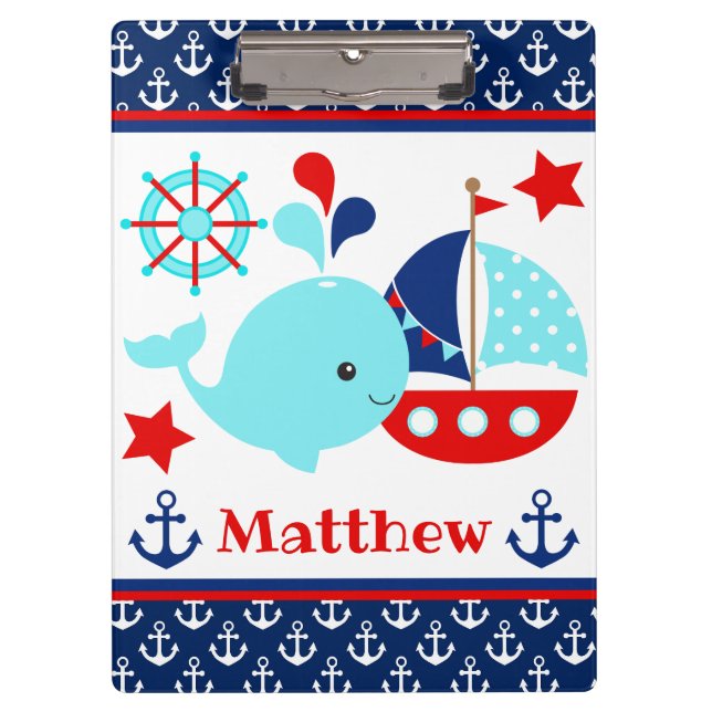 Niedliches blaues Wal- und Ankermuster Klemmbrett (Vorderseite)