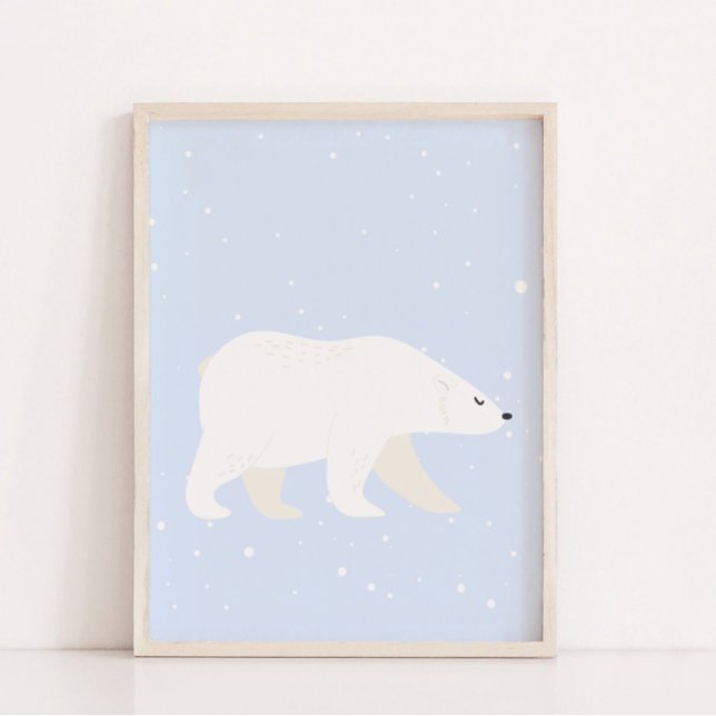 Niedliches blaues Winter-Polarbär Kinderzimmer Wan Poster (Cute Blue Winter Polar Bear Nursery Wall Decor)