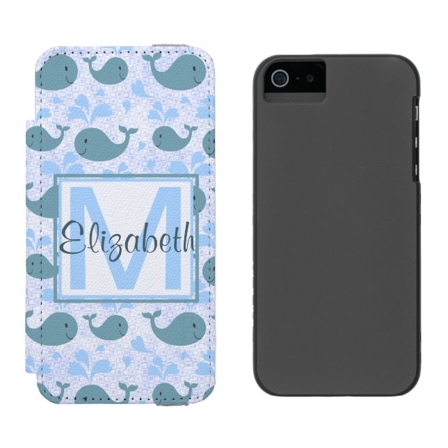 Niedliches Blauwal-Muster-Monogramm Incipio iPhone Geldbeutel-Hülle (Seite an Seite)