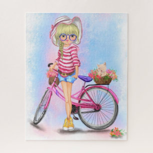 Niedliches Blonde Girl and Pink Bike Puzzle