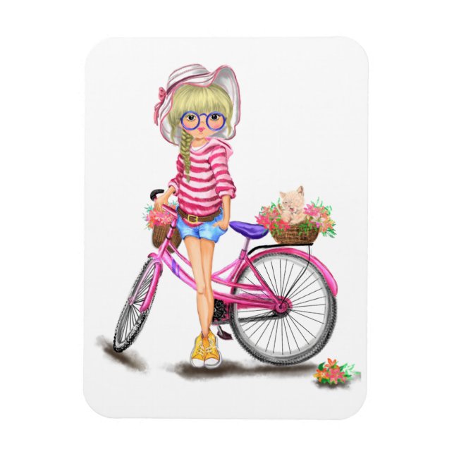 Niedliches Blonde Girl mit rosa Bike und Katze in  Magnet (Vertikal)