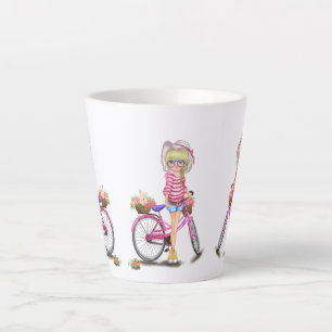 Niedliches Blonde Girl mit rosa Bike und Katze in  Milchtasse