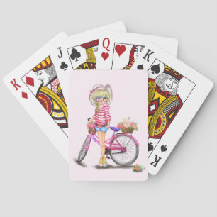 Niedliches Blonde Girl mit rosa Bike und Katze in  Spielkarten