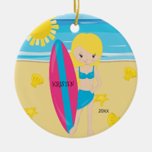 Niedliches BlondeSurfer Mädchen-personalisiertes Keramikornament