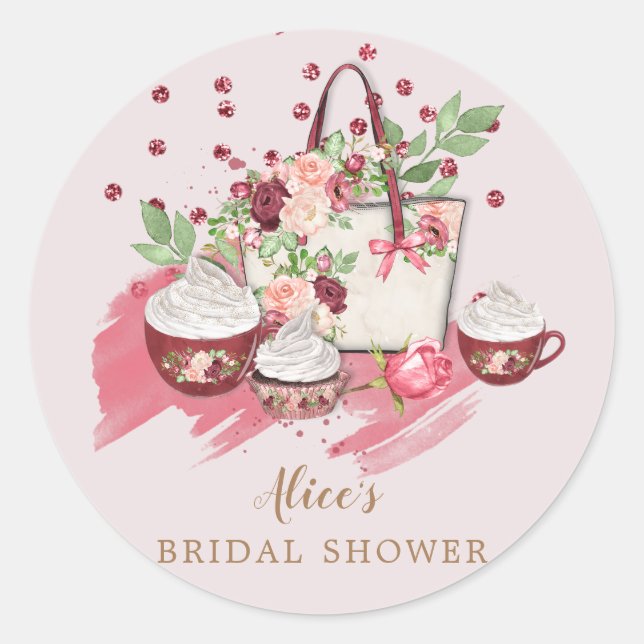 niedliches blorales Cupcake Brautparty rosa Monogr Runder Aufkleber (Vorderseite)