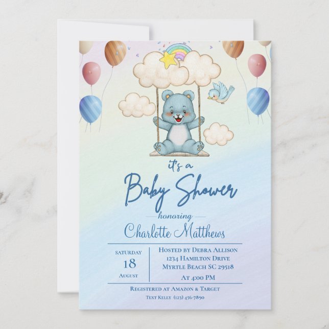 Niedliches Blue Bar Swing Rainbow Baby Dusche Einladung (Vorderseite)