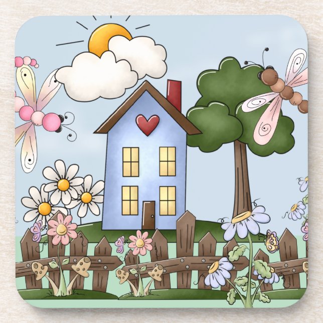 Niedliches Blue Country House Set von 6 Getränkeuntersetzer (Vorderseite)