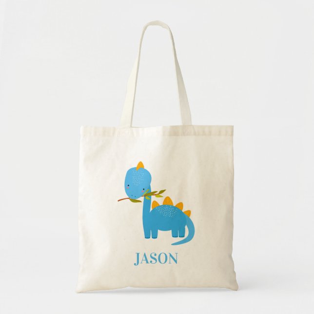 Niedliches Blue Dino mit Individuelle Name Kids To Tragetasche (Vorne)