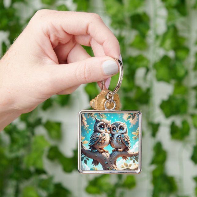 Niedliches Blue Kawaii Chibi Owls auf einer Baumzw Schlüsselanhänger (Hand)