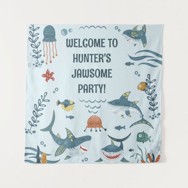 Niedliches Blue Kid's Shark Birthday Begrüßungsban Wandteppich (Vorderseite)