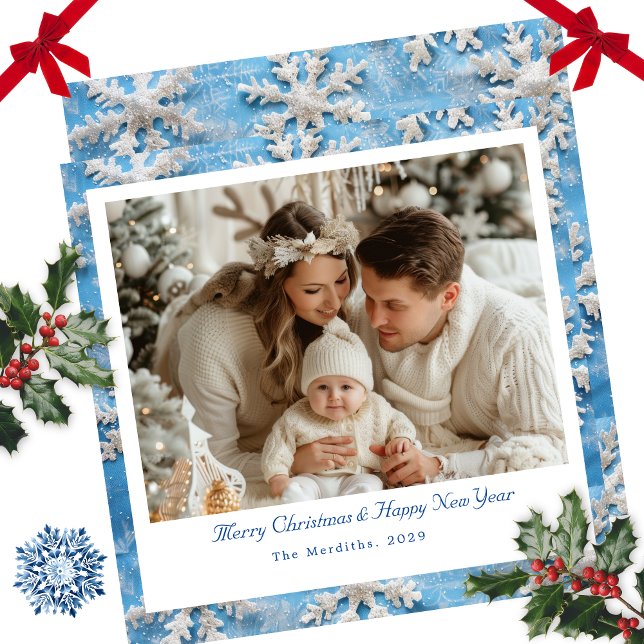Niedliches Blue Snowflake Weihnachts-Foto Feiertagskarte (Blue Snowflake Square Christmas Card )