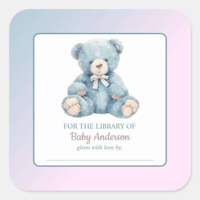 Niedliches Blue Teddy Bear Baby Dusche Buchzeichen Quadratischer Aufkleber (Vorderseite)