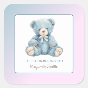 Niedliches Blue Teddy Bear Name Buchzeichen Quadratischer Aufkleber