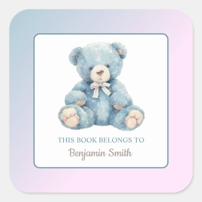 Niedliches Blue Teddy Bear Name Buchzeichen Quadratischer Aufkleber (Vorderseite)