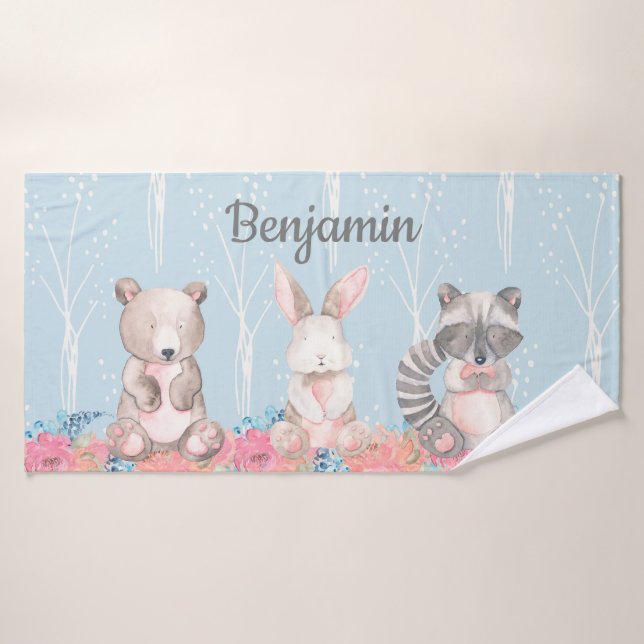 Niedliches Blue Woodland Animals Baby Kinderzimmer Badehandtuch (Badehandtuch)