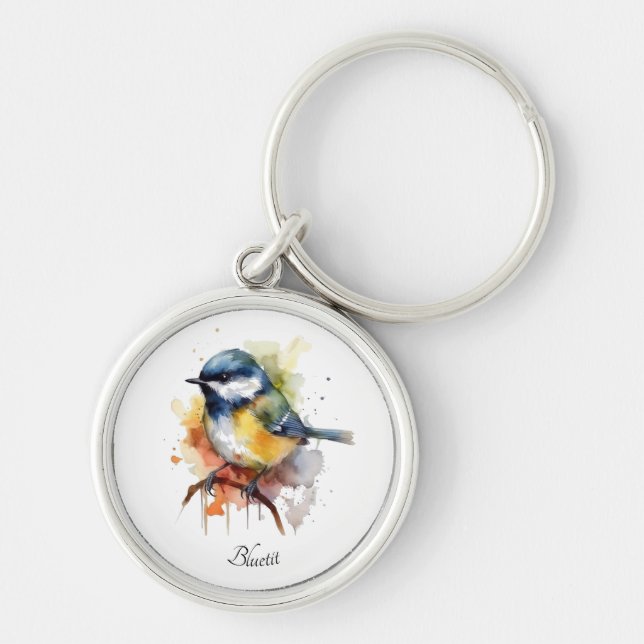 Niedliches Bluetit auf Zweig, Brauch Schlüsselanhänger (Vorne)