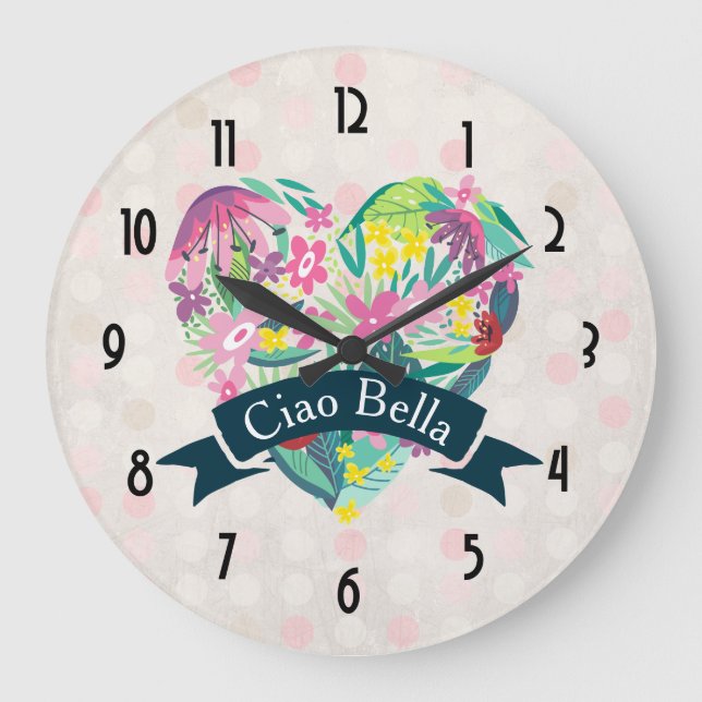 Niedliches Blumenherz Ciao Bella auf rosa Kreisen Große Wanduhr (Vorderseite)