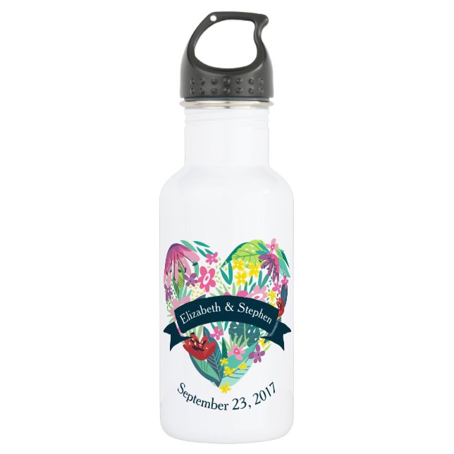 Niedliches Blumenherz mit tropischen Blume Hochzei Trinkflasche (Vorderseite)