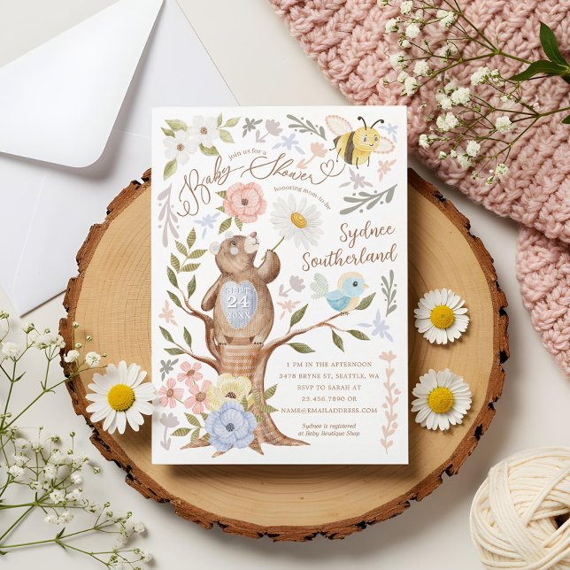 Niedliches Blumenholz-Bärendusche Einladung (Cute Floral Woodland Knitted Bear Baby Shower Invitation)