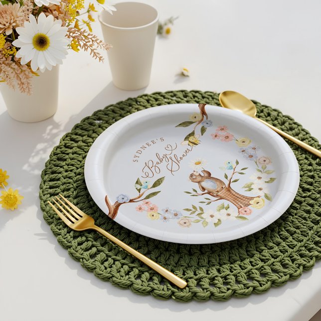Niedliches Blumenholz-Bärendusche Pappteller (Cute Floral Woodland Knitted Bear Baby Shower Paper Plates)
