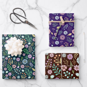 Niedliches Blumenmuster Aquamarin Lila braun rosa  Geschenkpapier Set