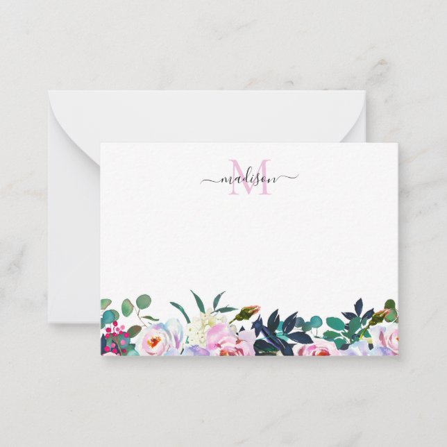 Niedliches Blütenrot Rosa Botanisches Monogramm Mitteilungskarte (Vorderseite)