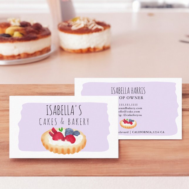 Niedliches Boccia-Gebäck-Skript lila Visitenkarte (Cute watercolor pie cakes bakery script purple business card)