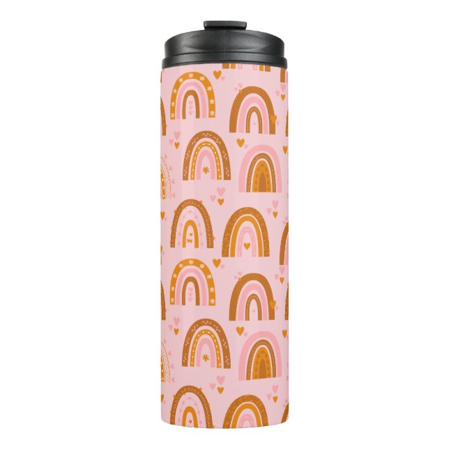Niedliches Boho-Regenbogen-Herzmuster in rosa Oran Thermosbecher (Vorderseite)