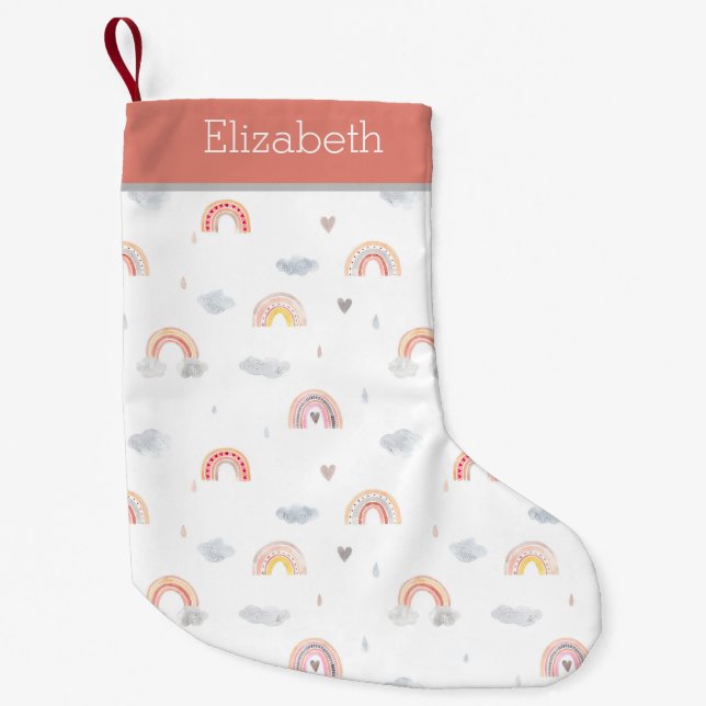 Niedliches Boho-Regenbogen- und Wolkenmuster Kleiner Weihnachtsstrumpf (Vorderseite)