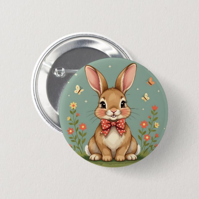 Niedliches braunes Kaninchen mit Fliege Button (Vorne & Hinten)