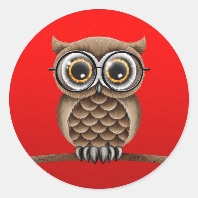Niedliches, braunes Owl mit Leseglasche, rot Runder Aufkleber (Vorderseite)