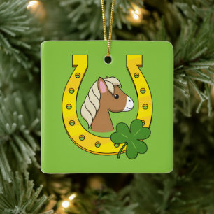 Niedliches braunes Pferd mit Goldener Pferdeschuh, Keramikornament