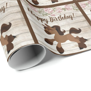 Niedliches braunes Pony, Rose und Lichtereih Gebur Geschenkpapier