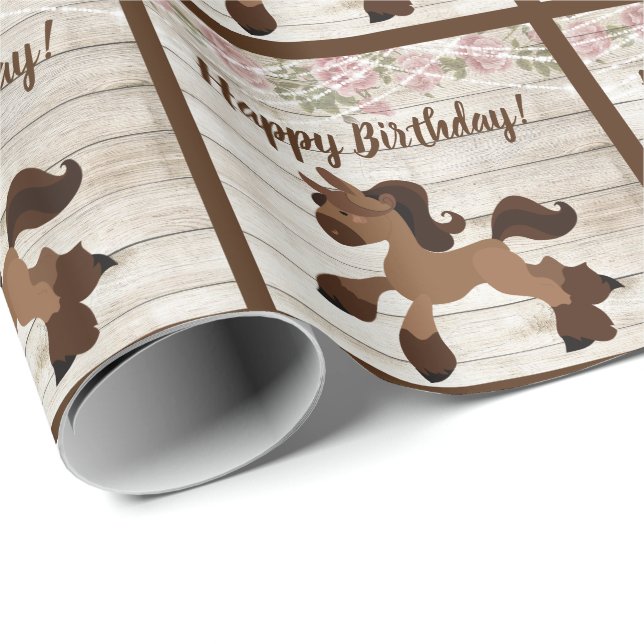 Niedliches braunes Pony, Rose und Lichtereih Gebur Geschenkpapier (Rolleneckpunkt)
