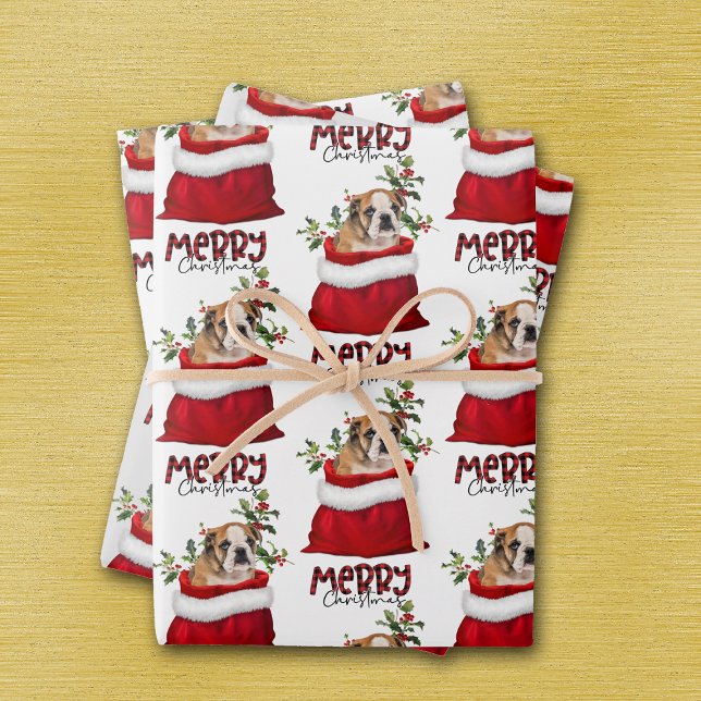 Niedliches Brown Bulldog Welpe in Holiday Gift Bag Geschenkpapier Set (Von Creator hochgeladen)