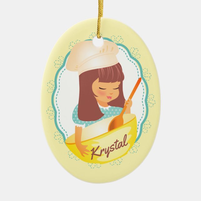 Niedliches brünettes Mädchen Koch personalisiert W Keramik Ornament (Vorne)