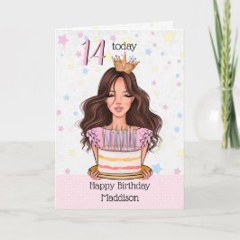Niedliches Brünettes Mädchen mit Cake Happy Birthd Feiertagskarte