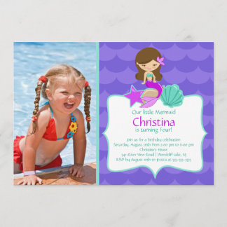 Niedliches Brünettes Mermaid Foto Geburtstag Einla Einladung