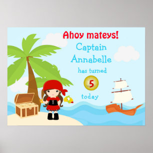 Niedliches Brünettes Piratenmädchen am Roten Gebur Poster